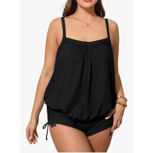 Cupshe Womens Black Tankini Set M Adjustable Straps Boy Shorts Ruched Beach